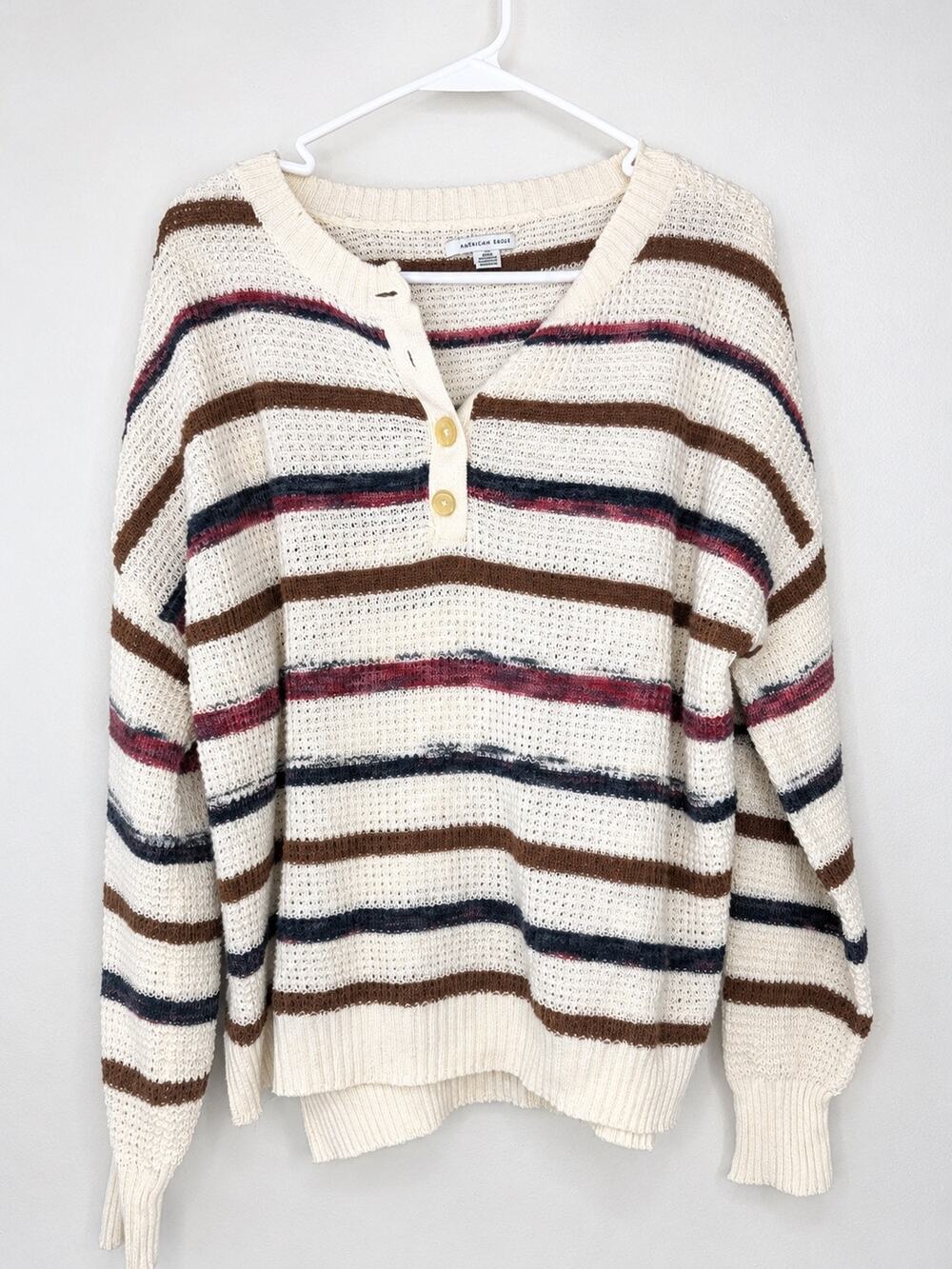 American Eagle Oversized Striped Knit Henley Sweater Women’s Small Cozy Pullover